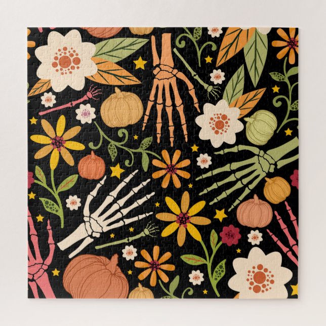 Halloween bones, floral seamless pattern. jigsaw puzzle (Vertical)