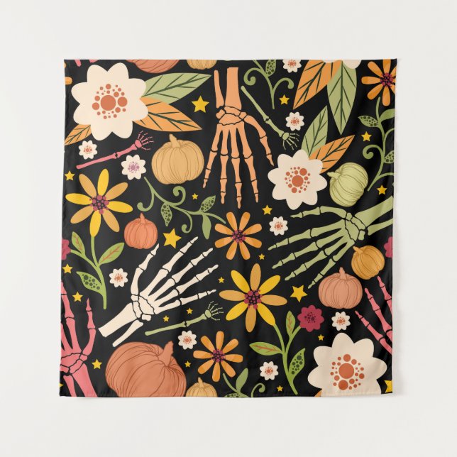 Halloween bones, floral seamless pattern. tapestry (Front)