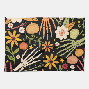 Halloween bones, floral seamless pattern. tea towel