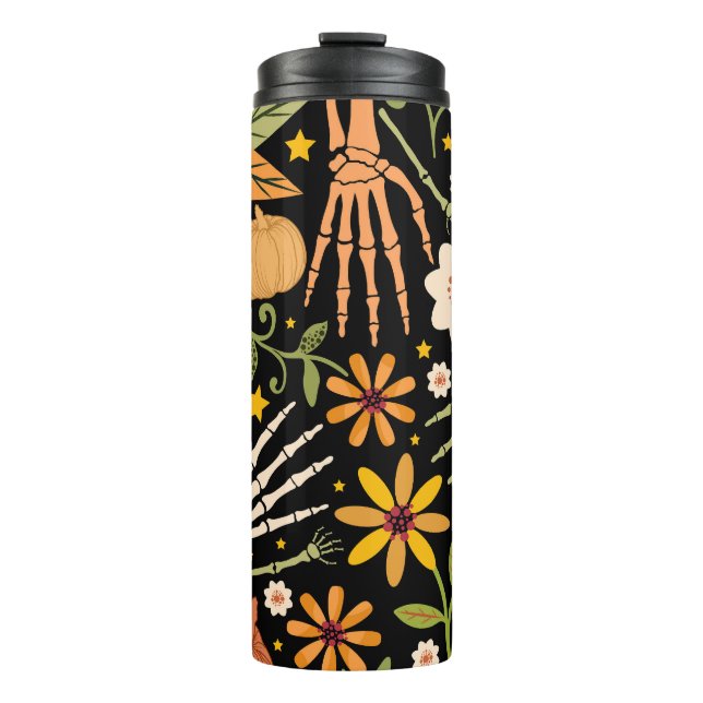 Halloween bones, floral seamless pattern. thermal tumbler (Front)