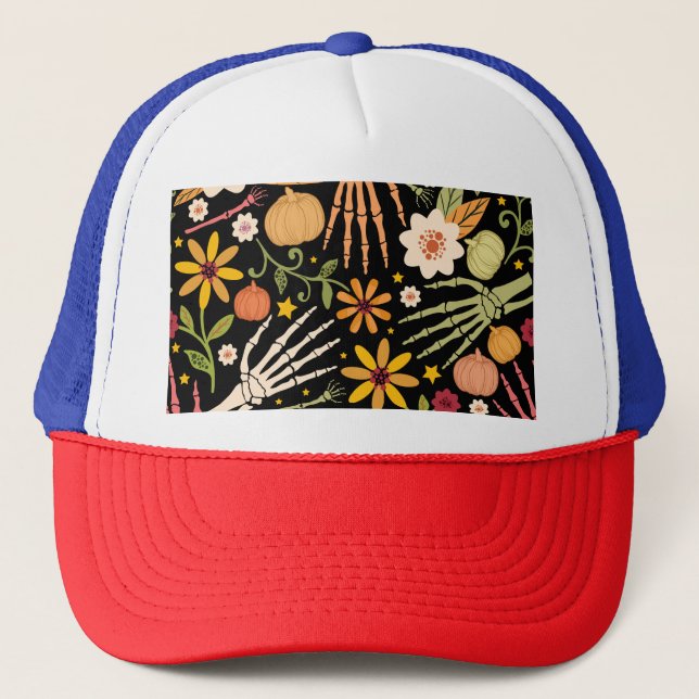 Halloween bones, floral seamless pattern. trucker hat (Front)