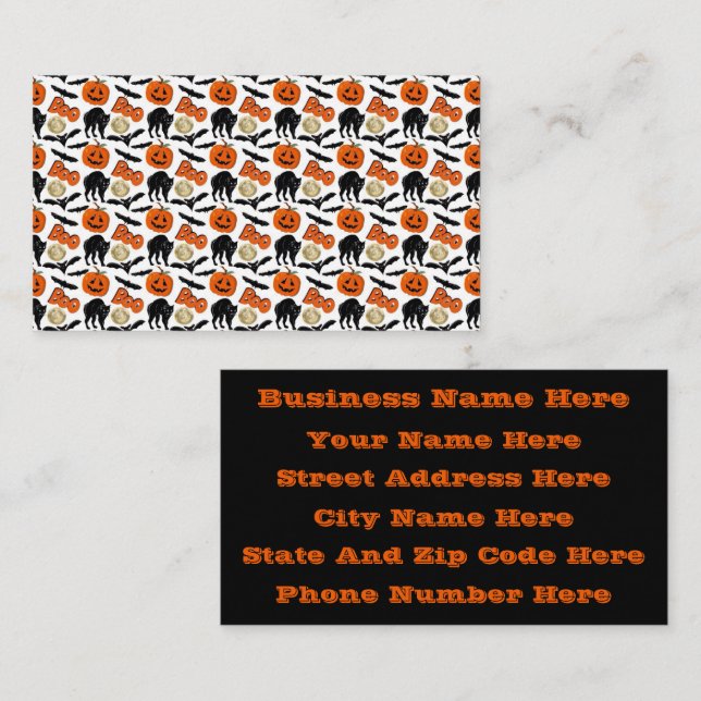 Halloween Boo Bats Cat Pumpkin And Moon Drawing Business Card (Front/Back)
