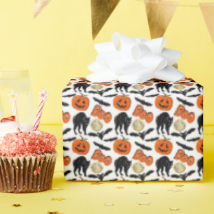 Halloween Boo Bats Cat Pumpkin And Moon Drawing Wrapping Paper