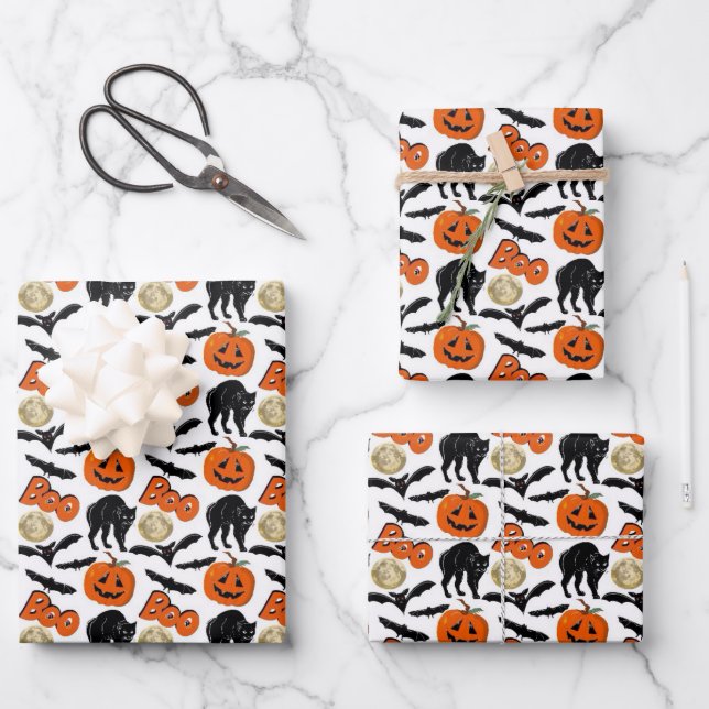Halloween Boo Bats Cat Pumpkin And Moon Drawing Wrapping Paper Sheet (Front)