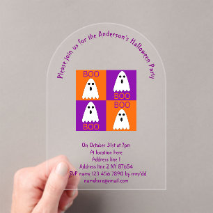 Halloween Boo Ghost Purple and Orange Squares Acrylic Invitations