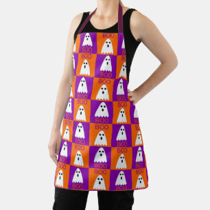 Halloween Boo Ghost Purple and Orange Squares Apron