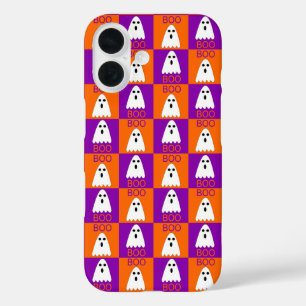 Halloween Boo Ghost Purple and Orange Squares iPhone 16 Case