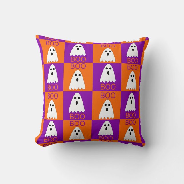 Halloween Boo Ghost Purple and Orange Squares Cushion (Front)