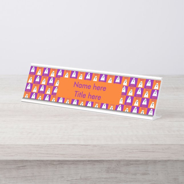 Halloween Boo Ghost Purple and Orange Squares Desk Name Plate (Front)