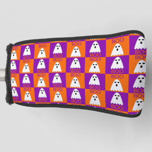 Halloween Boo Ghost Purple and Orange Squares Golf Head Cover