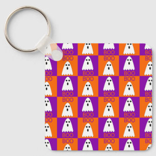 Halloween Boo Ghost Purple and Orange Squares Key Ring