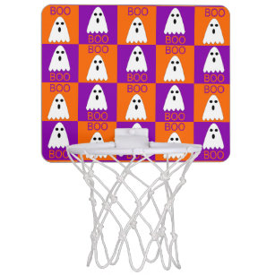 Halloween Boo Ghost Purple and Orange Squares Mini Basketball Hoop