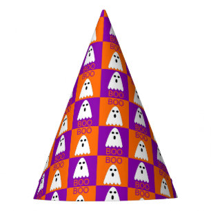 Halloween Boo Ghost Purple and Orange Squares Party Hat