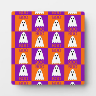 Halloween Boo Ghost Purple and Orange Squares Plaque