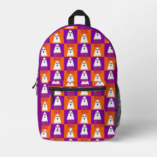 Halloween Boo Ghost Purple and Orange Squares Printed Backpack