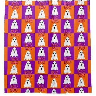 Halloween Boo Ghost Purple and orange Squares Shower Curtain