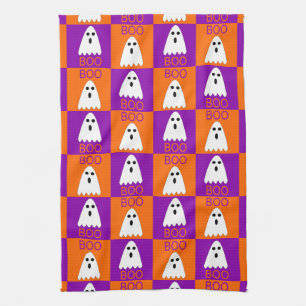 Halloween Boo Ghost Purple and Orange Squares Tea Towel