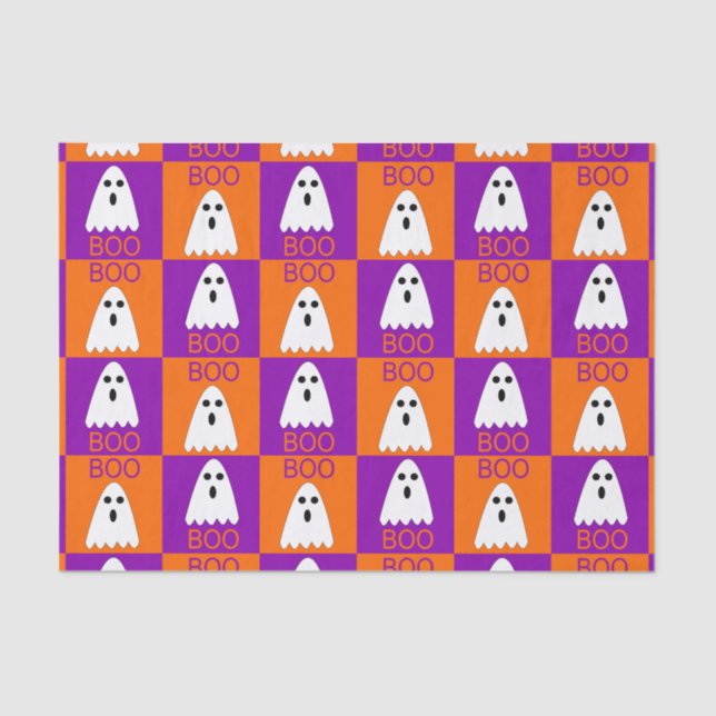 Halloween Boo Ghost Purple and Orange Squares Tissue Paper (Front)