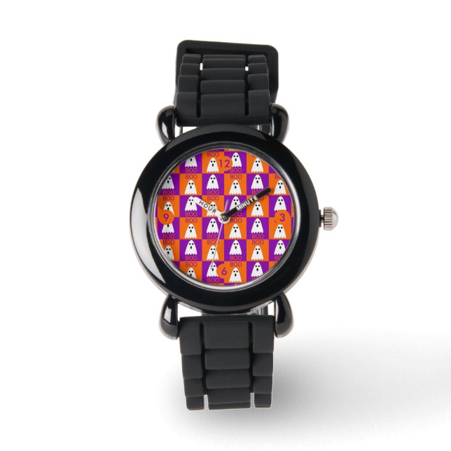 Halloween Boo Ghost Purple and Orange Squares Watch (Front)