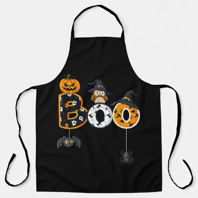 Halloween Boo Owl With Witch Hat Spiders Apron (Front)
