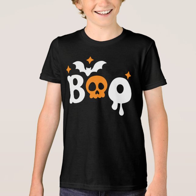Halloween Boo Skull Bats Modern Typography Tri-Blend Shirt (Front)