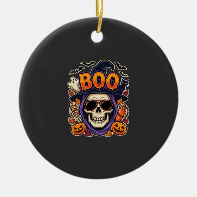 Halloween Boo Skull Sunglasses Vector Ceramic Tree Decoration (Front)