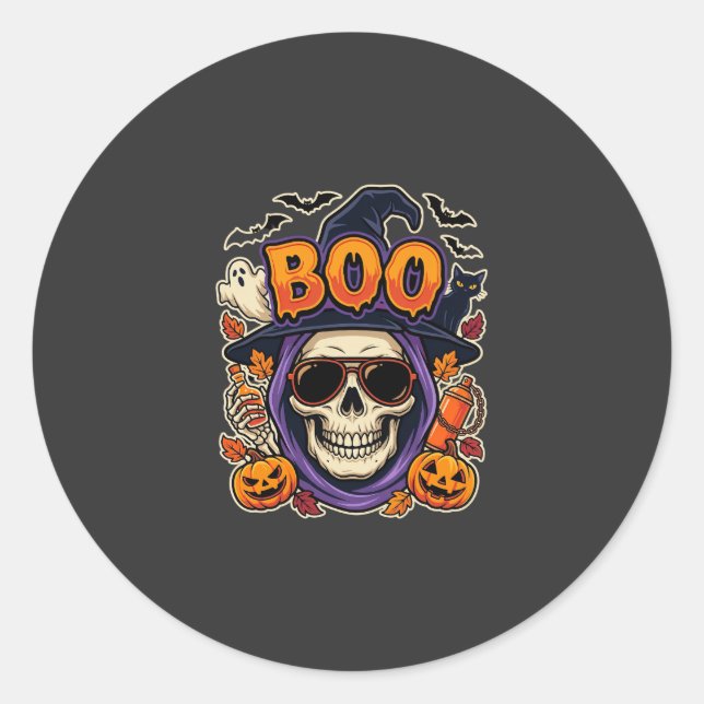 Halloween Boo Skull Sunglasses Vector Classic Round Sticker (Front)