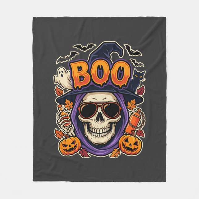 Halloween Boo Skull Sunglasses Vector Fleece Blanket (Front)