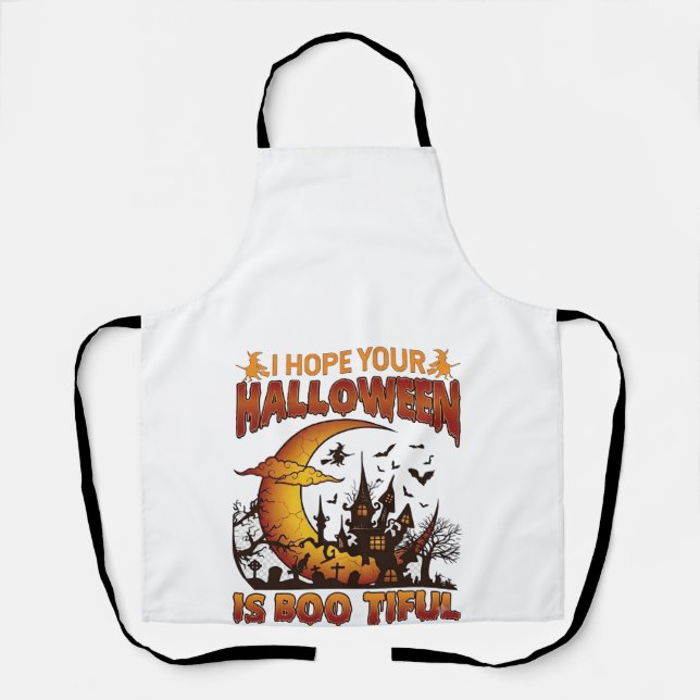 Halloween Boo Tiful Haunted House Crescent Moon Ba Apron (Front)