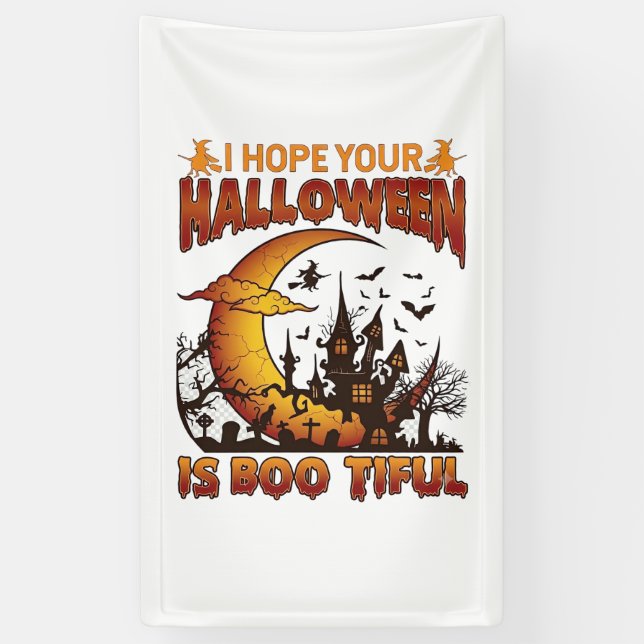 Halloween Boo Tiful Haunted House Crescent Moon Ba Banner (Vertical)