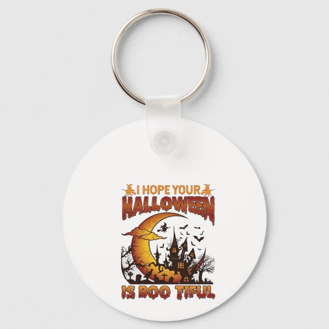 Halloween Boo Tiful Haunted House Crescent Moon Ba Key Ring (Front)