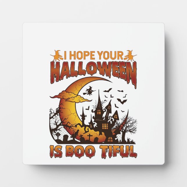 Halloween Boo Tiful Haunted House Crescent Moon Ba Plaque (Front)