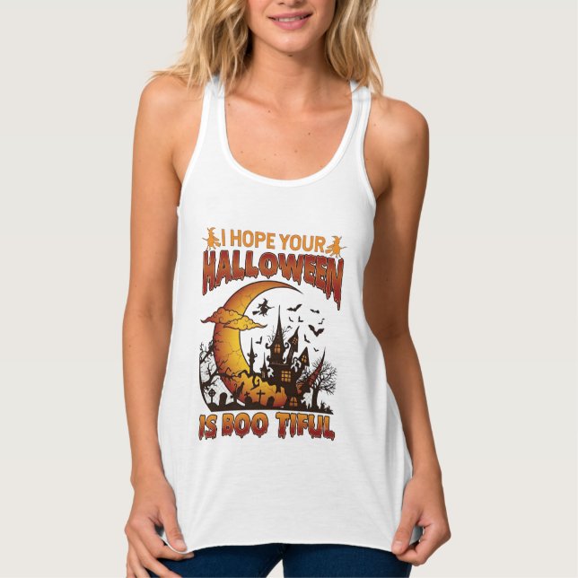 Halloween Boo Tiful Haunted House Crescent Moon Ba Singlet (Front)