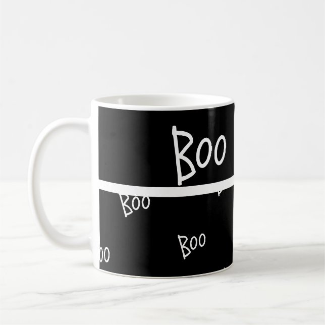 Halloween boo typography black and white coffee mug (Left)