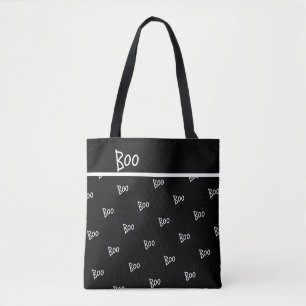 Halloween boo typography black and white tote bag