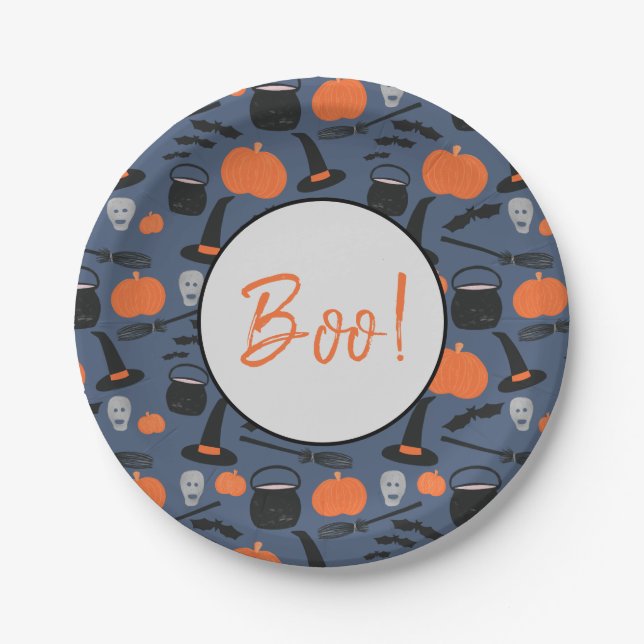 Halloween Boo Witch Pumpkin Bat Broomstick Paper Plate (Front)