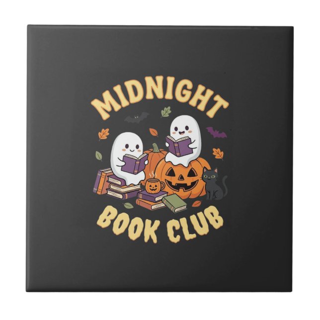 Halloween Book Club Ghost Reading Pumpkin Design_1 Tile (Front)