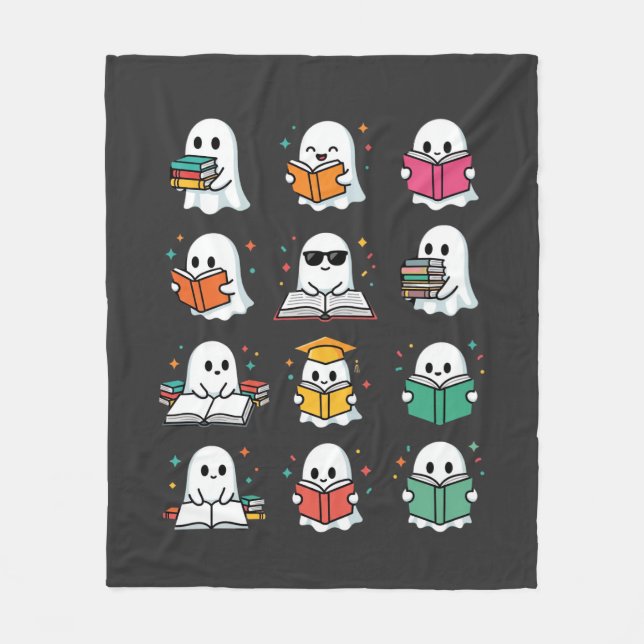 Halloween Book Reading Ghosts Kawaii Library Desig Fleece Blanket (Front)