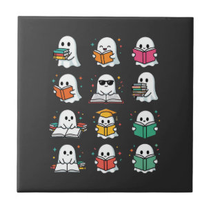Halloween Book Reading Ghosts Kawaii Library Desig Tile