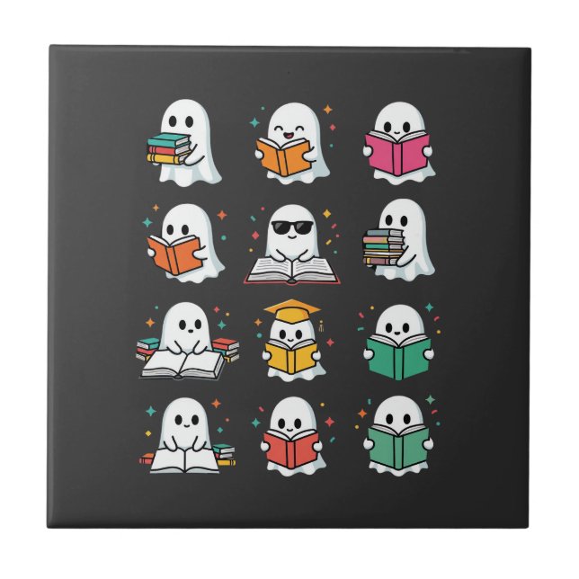 Halloween Book Reading Ghosts Kawaii Library Desig Tile (Front)