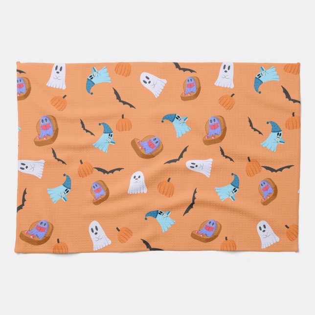 Halloween Bookish Ghost Pumpkin Pattern Tea Towel (Horizontal)