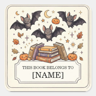 Halloween Bookplate for Kids, Personalised Bat Square Sticker