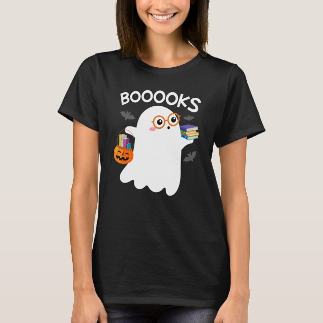 Halloween Booooks Cute Ghost Reading Library Books T-Shirt (Front)