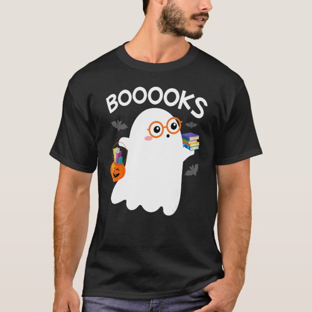 Halloween Booooks Cute Ghost Reading Library Books T-Shirt (Front)