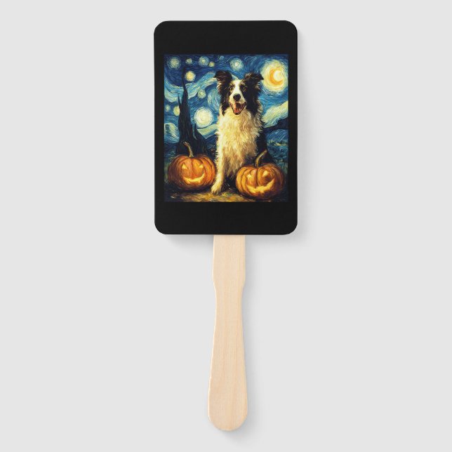 Halloween Border Collie Fall Pumpkin Hand Fan (Front)