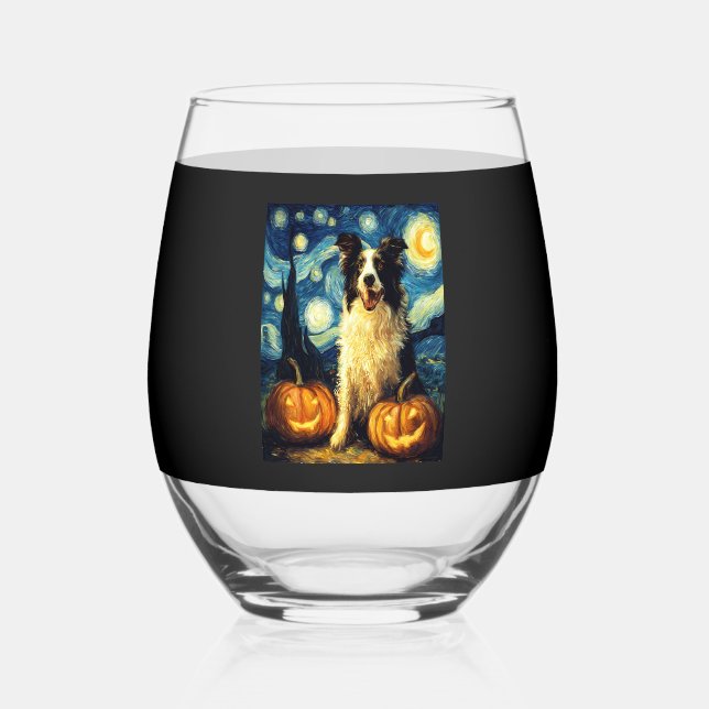 Halloween Border Collie Fall Pumpkin Stemless Wine Glass (Front)