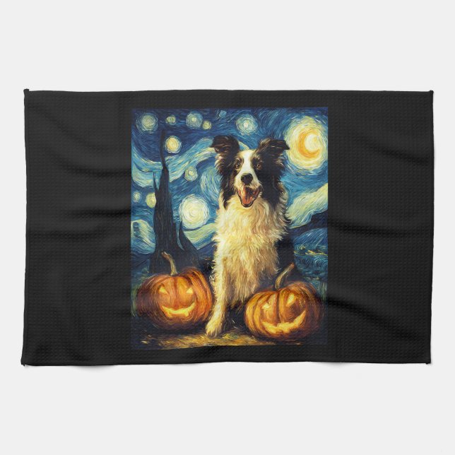 Halloween Border Collie Fall Pumpkin Tea Towel (Horizontal)