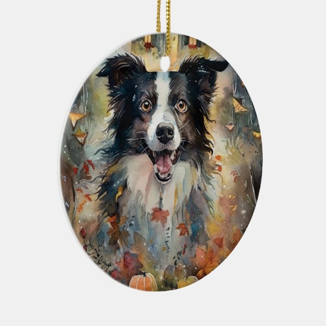 Halloween Border Collie With Pumpkins Scary Ceramic Tree Decoration (Right)