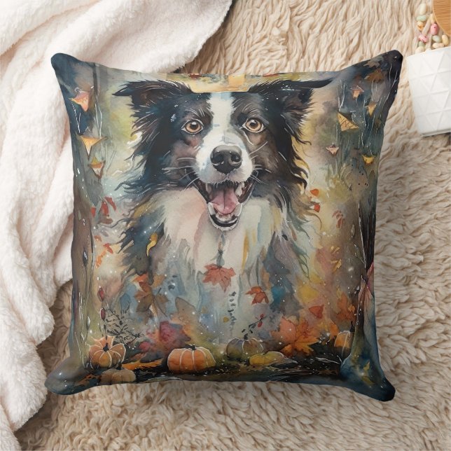 Halloween Border Collie With Pumpkins Scary Cushion (Blanket)