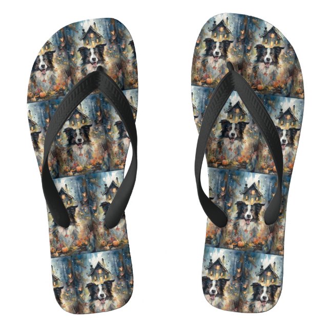 Halloween Border Collie With Pumpkins Scary Jandals (Footbed)